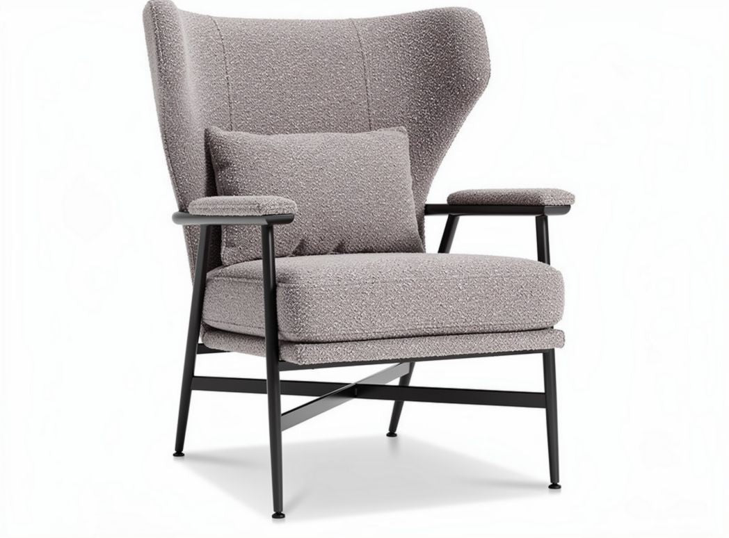 Fabric armchair with metal legs and detachable cushion in light gray color
