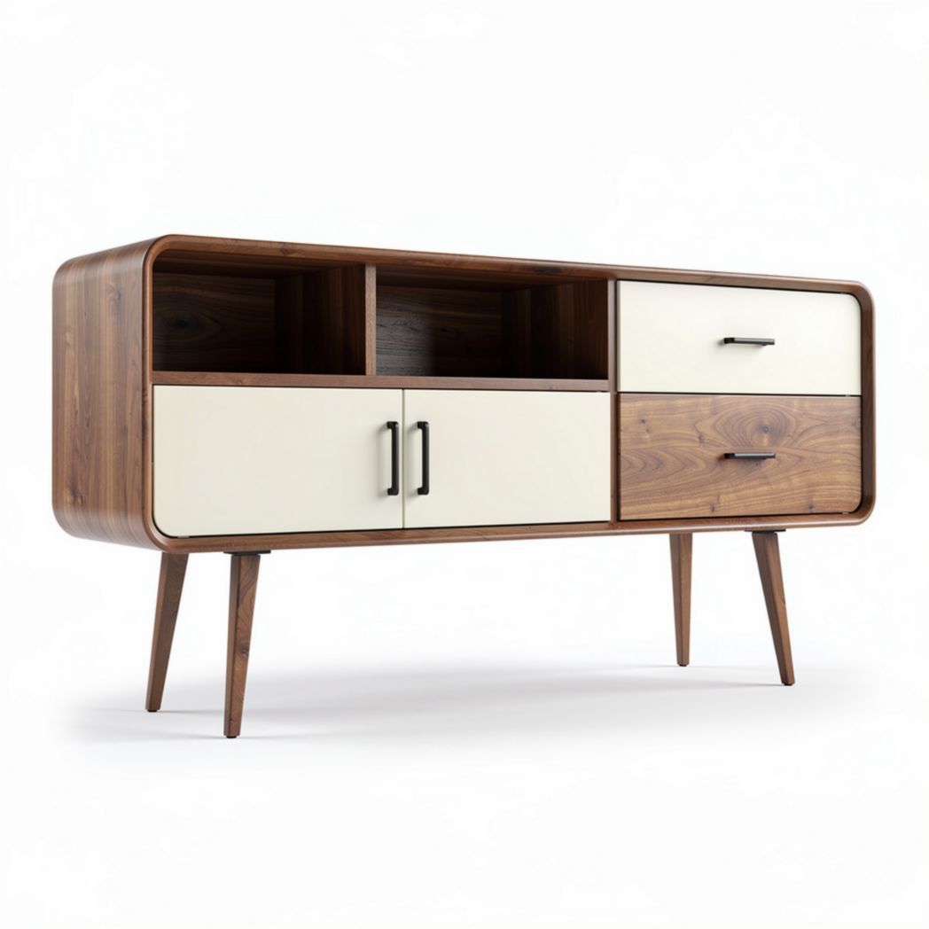 Walnut wood entertainment console with two drawers and open shelves 120 x 40 x 70cm