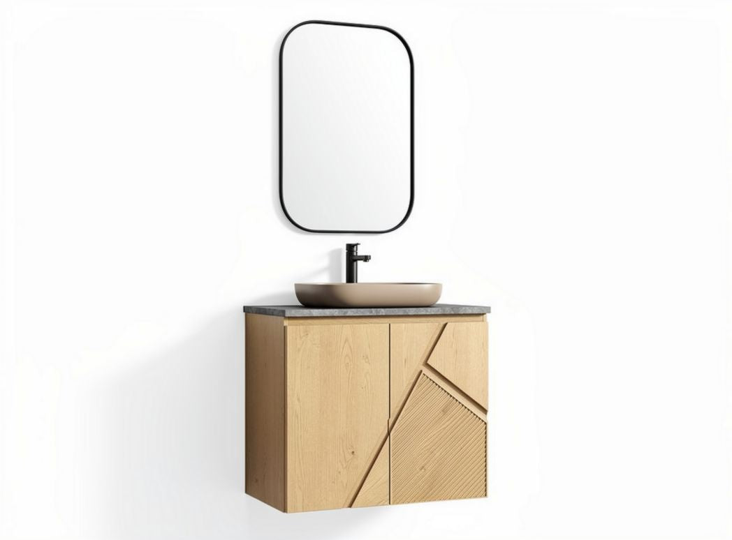 Wooden bathroom vanity cabinet with gray marble countertop and rectangular mirror 60 x 45 x 50cm
