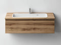 Wall-mounted wooden vanity sink with integrated faucet in dark walnut finish 120 x 50 x 15cm