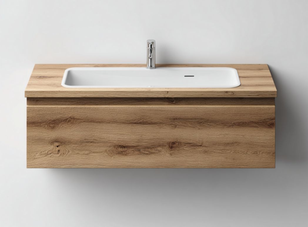 Wall-mounted wooden vanity sink with integrated faucet in dark walnut finish 120 x 50 x 15cm