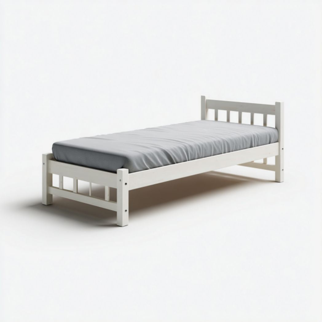 Beige upholstered twin bed frame with wooden legs and minimalist design