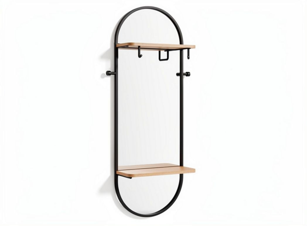 Wall-mounted mirror with wooden shelves and metal hooks 70 x 40 x 12cm