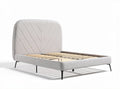 Upholstered bed frame with wooden slats and modern headboard design in gray