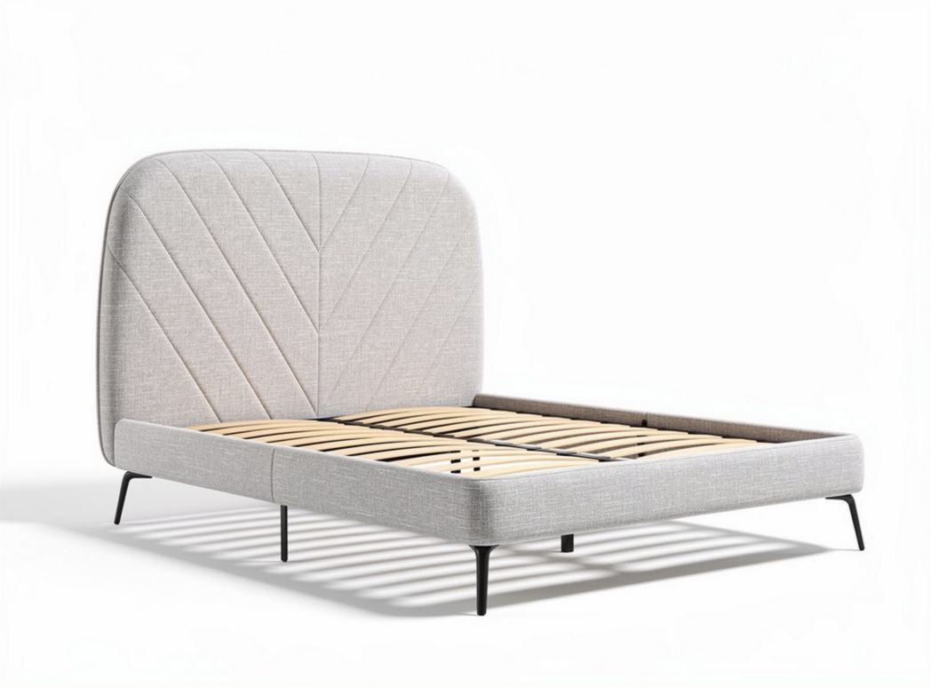 Upholstered bed frame with wooden slats and modern headboard design in gray