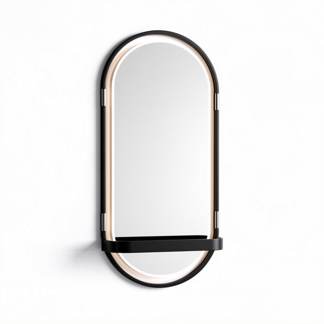 Black oval wall mirror with LED lighting and shelf 60 x 30 x 5cm