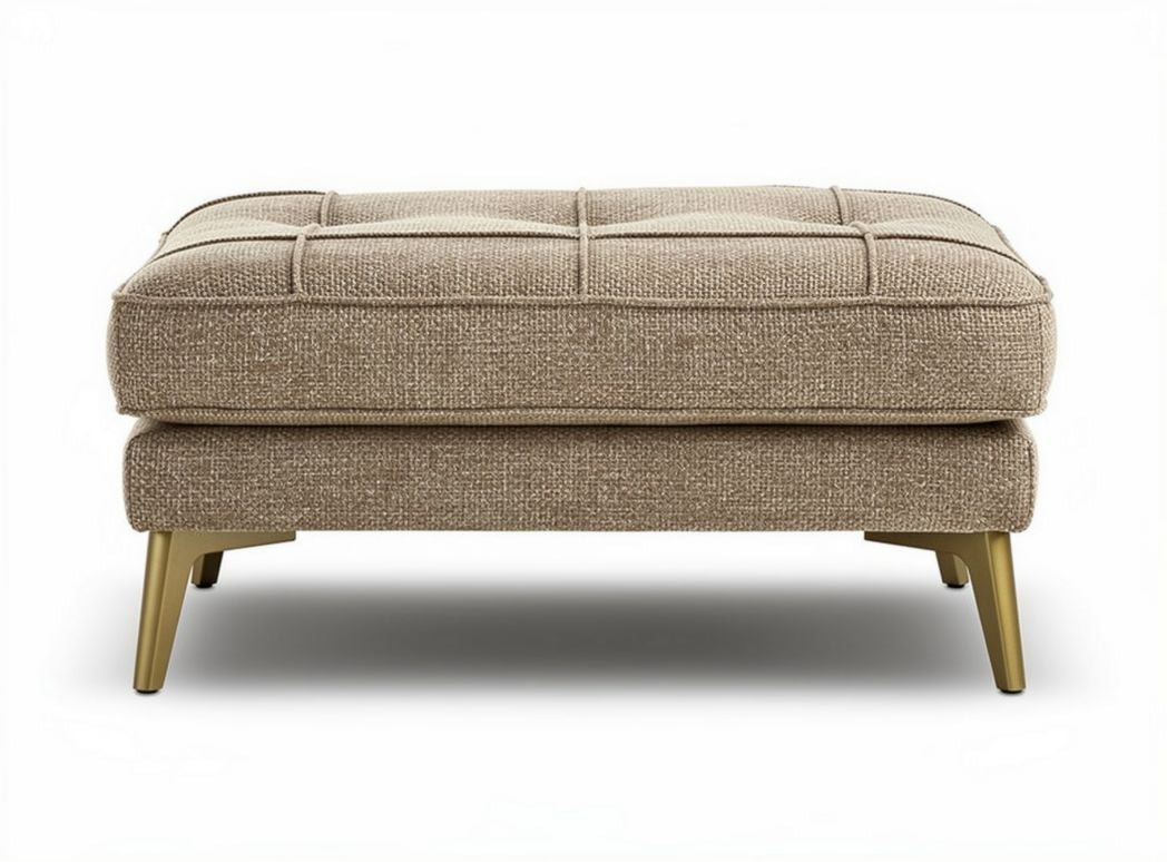 Fabric upholstered ottoman in light brown with wooden legs 65 x 50 x 40cm